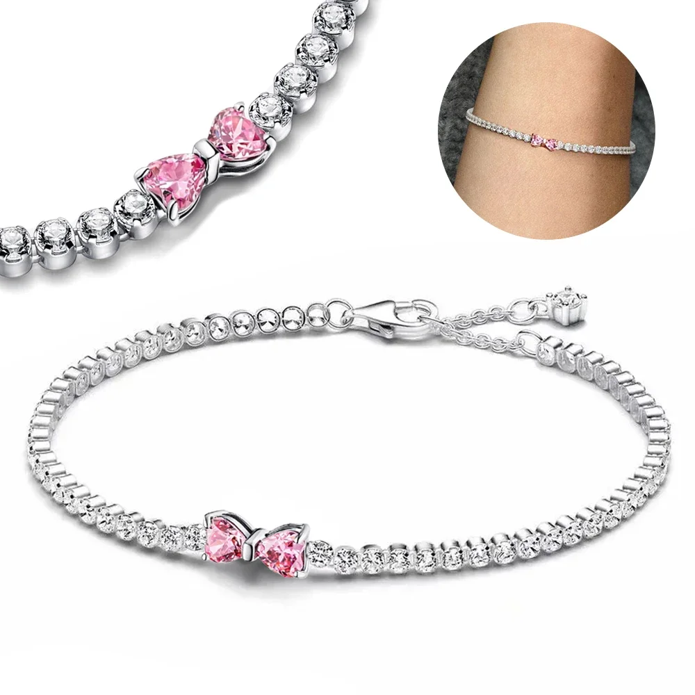 2026 San Valentín Nueva Pulsera de Plata 925 con Lazo Rosa y Diamantes Completos Original 17-20CM Compatible con Charms DIY Regalos de Joyería para Mujer en Cumpleaños