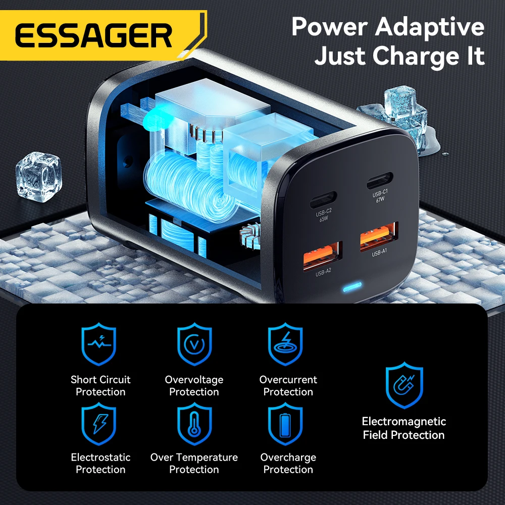 Essager 67W USB C GaN cargador de escritorio carga rápida 4,0 QC 3,0 PD tipo C carga rápida para MacBook Samsung POPC iPhone 15 portátil