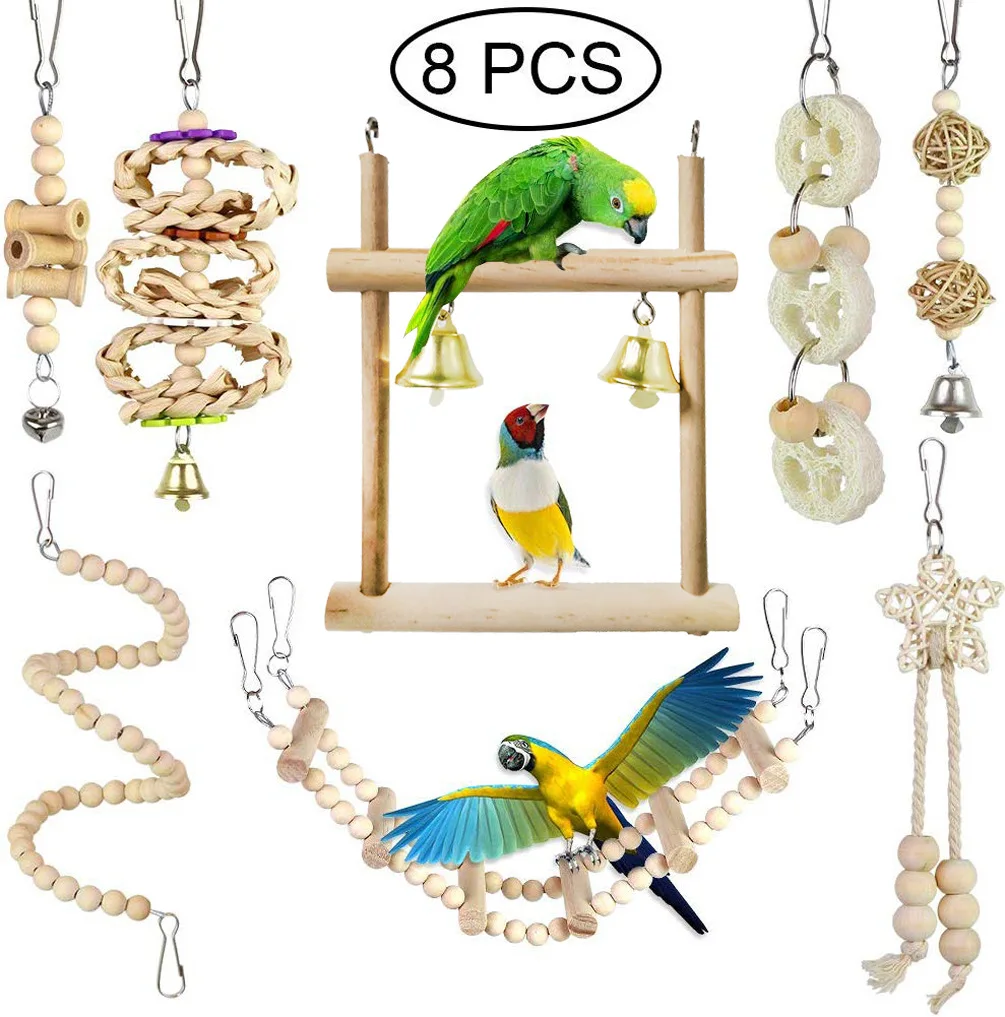 Juego de juguetes para pájaros combinados, columpio, juguetes de entrenamiento para masticar, hamaca colgante para loros pequeños, jaula para loros, campana, perca, juguetes con escalera