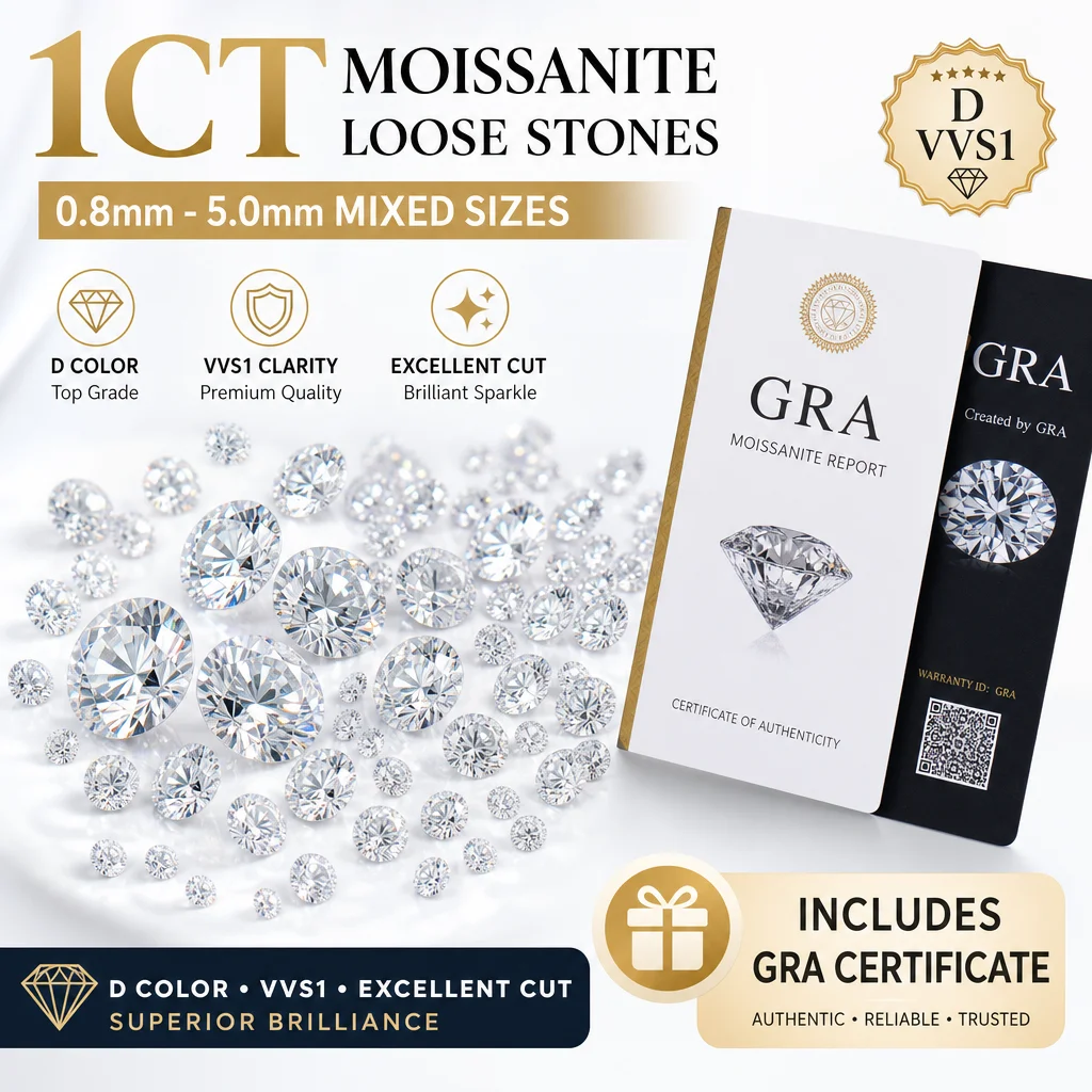 Piedra suelta de moissanita de corte redondo, 8 corazones 8 flechas, certificada GRA, D VVS1, 0.1-30ct, fuego brillante excelente para anillo de compromiso