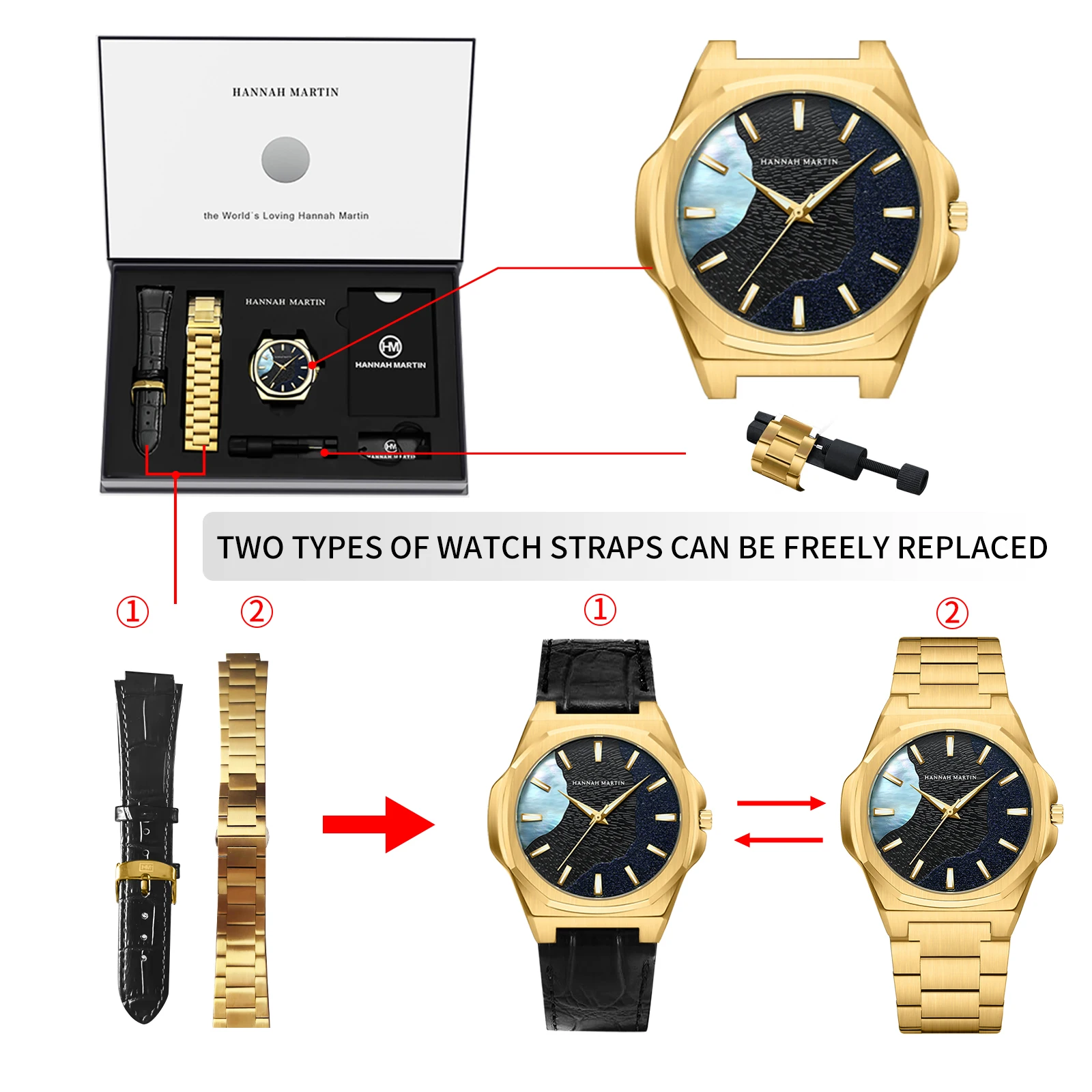 Reloj Hannah Martin para Hombre, 40mm, Acero Inoxidable y Cuero, Resistente al Agua, Reloj de Negocios con Movimiento de Cuarzo Japonés, Herramienta Incluida