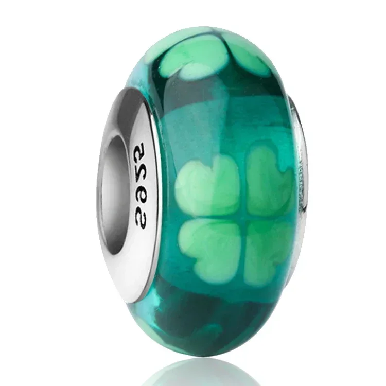 Abalorio Clásico de Plata de Ley 925 con Diseño de Flor y Hoja, Arcoíris Cósmico, Cristal de Murano, para Pulseras DIY, Joyería para Mujer, Regalo