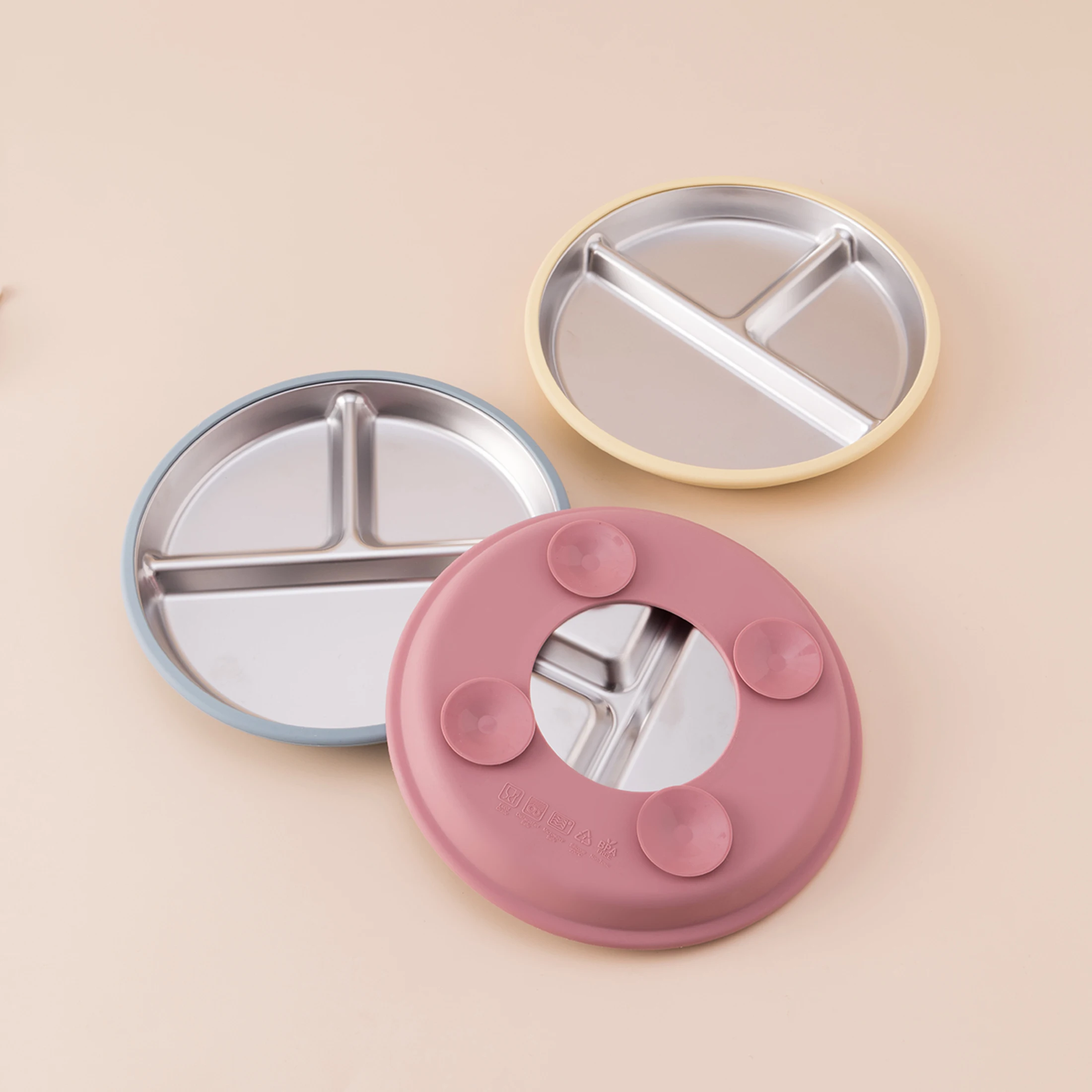 Color niños 5 uds juego de alimentación de bebé vajilla de silicona de acero inoxidable platos con ventosa plato tazón tenedor de entrenamiento cuchara taza infantil