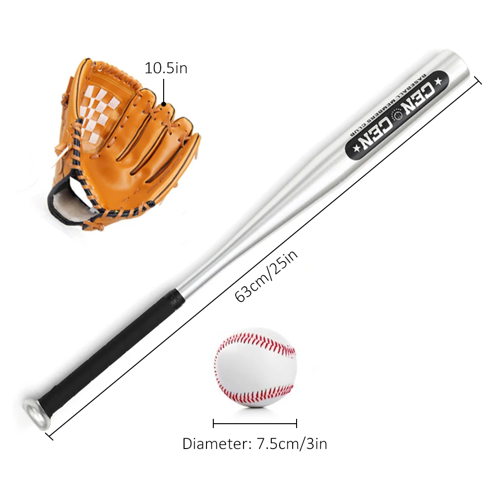 Juego de pelotas de béisbol, bate de béisbol, guantes de béisbol, bate de béisbol de aleación de aluminio de 25 pulgadas, 10,5 pulgadas, Kit de guantes de béisbol de PVC para niños
