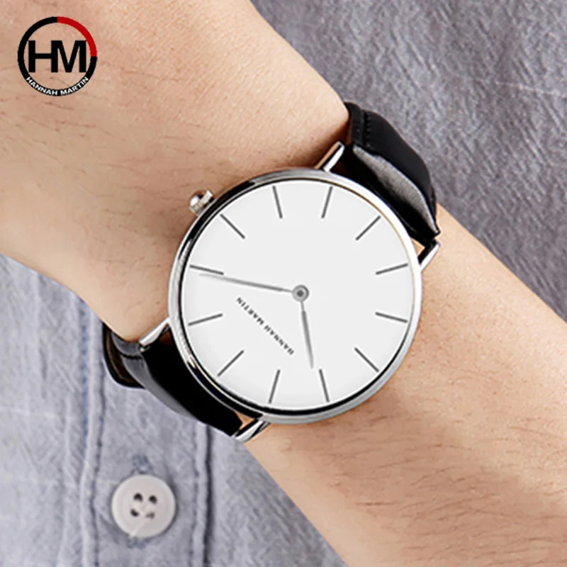 Reloj Hannah Martin de alta calidad para hombre, relojes de pulsera de cuarzo japonés a la moda, reloj resistente al agua con movimiento de cuarzo de cuero marrón plateado