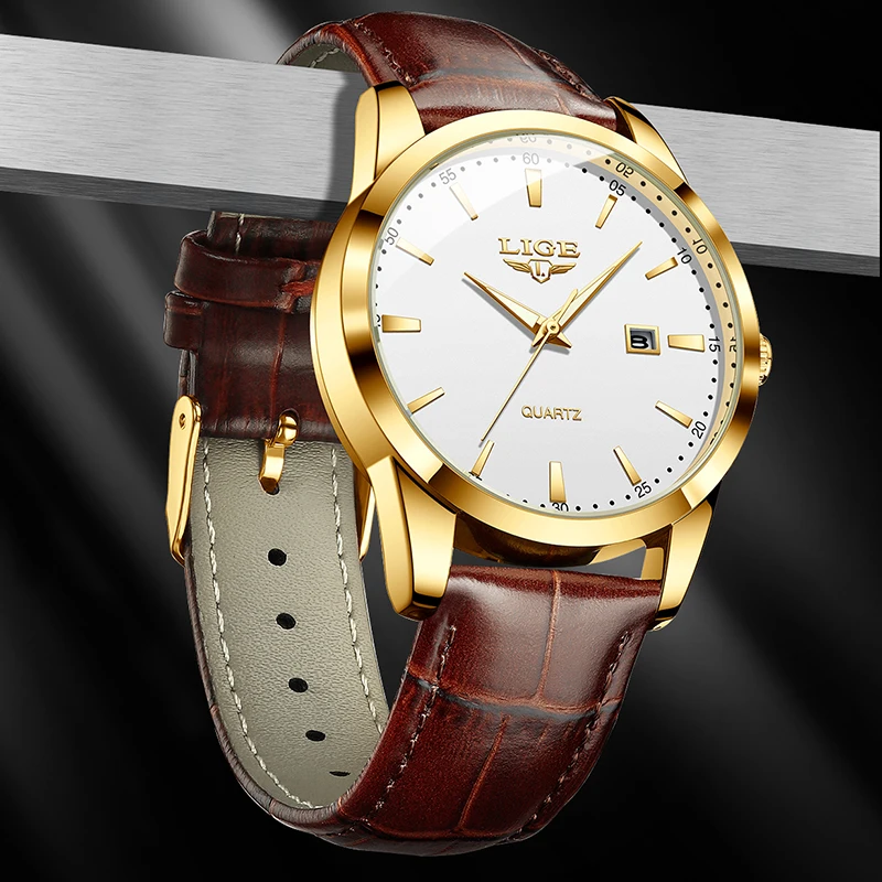 Reloj LIGE de cuero marrón a la moda para hombre, relojes de pulsera deportivos militares de cuarzo para hombre, cronógrafo informal resistente al agua, relojes masculinos