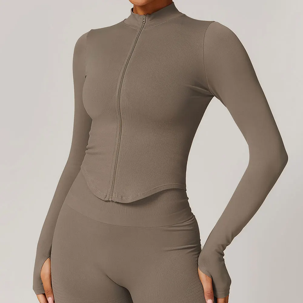 Chaqueta con cremallera para mujer, Tops cortos, camisetas de Yoga, Top deportivo liso, camisas para correr de manga larga, ropa deportiva Sexy de secado rápido para gimnasio y Fitness