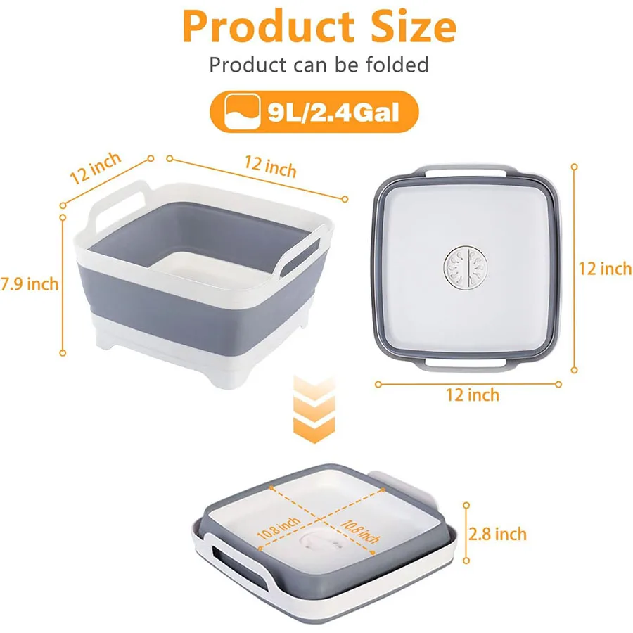 Lavabo de verduras de plástico plegable de 9 litros con tapón de drenaje para almacenamiento de platos, lavado de frutas y verduras, cubo frío