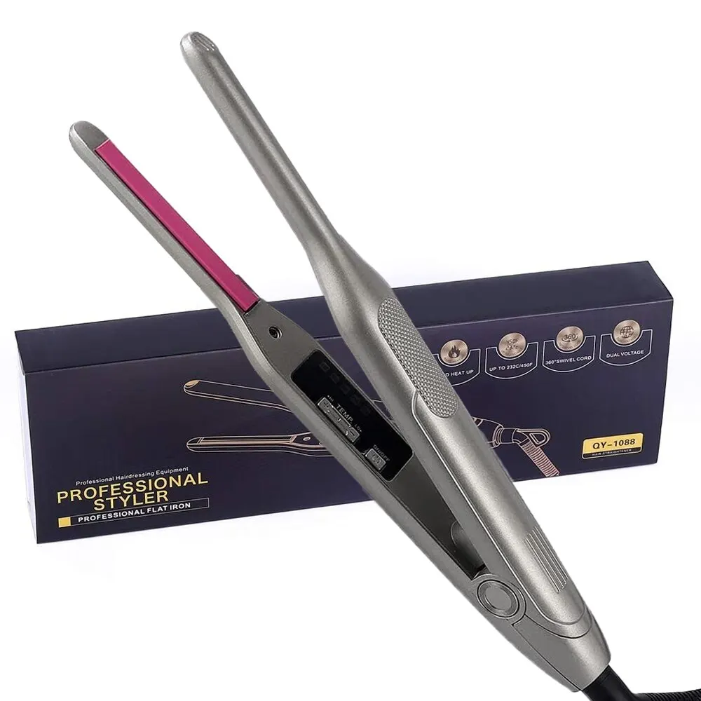 Mini alisador de pelo para pelo corto, placa de titanio, lápiz fino para Barba, plancha plana, herramientas de peinado de doble voltaje para viaje