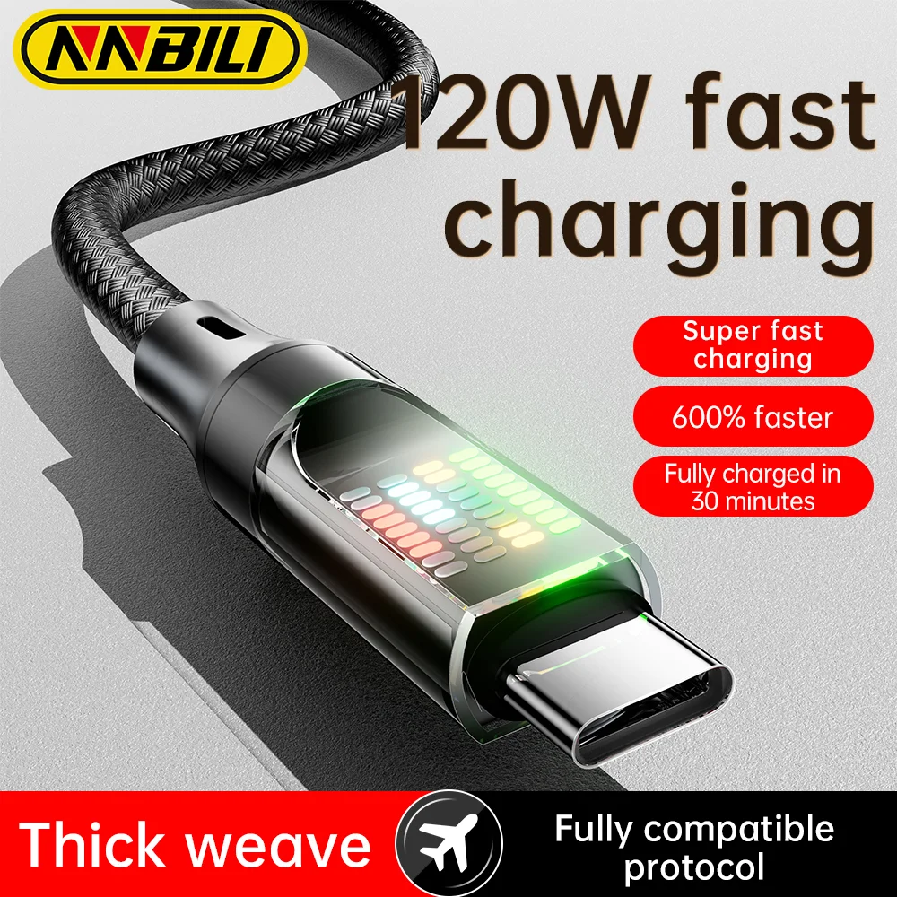 NNBILI 120W tipo C Cable de carga rápida 6A USB A a tipo C Cable de datos de nailon para Huawei Xiaomi Samsung con pantalla Led Cable USB C
