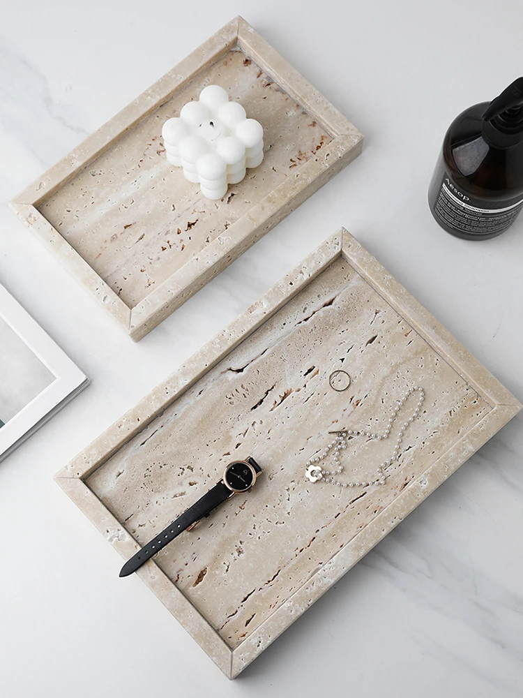 Bandeja de mármol minimalista para velas de Perfume, joyería, bandeja de tocador de piedra de travertino para tocador, encimera, mesa de centro, servicio