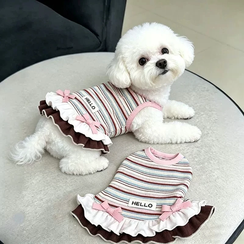 Vestido a Rayas para Perro con Lazo, Ropa para Mascotas con Volantes, Atuendo Transpirable de Verano para Perros Pequeños Bichón