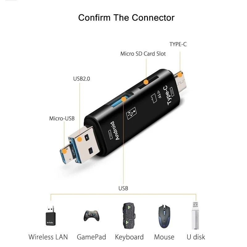 Lector de tarjetas de memoria multifunción 5 en 1 Usb 2,0 tipo C/Usb/Micro Usb/Tf/SD adaptador de lector de tarjetas OTG accesorios para teléfono móvil