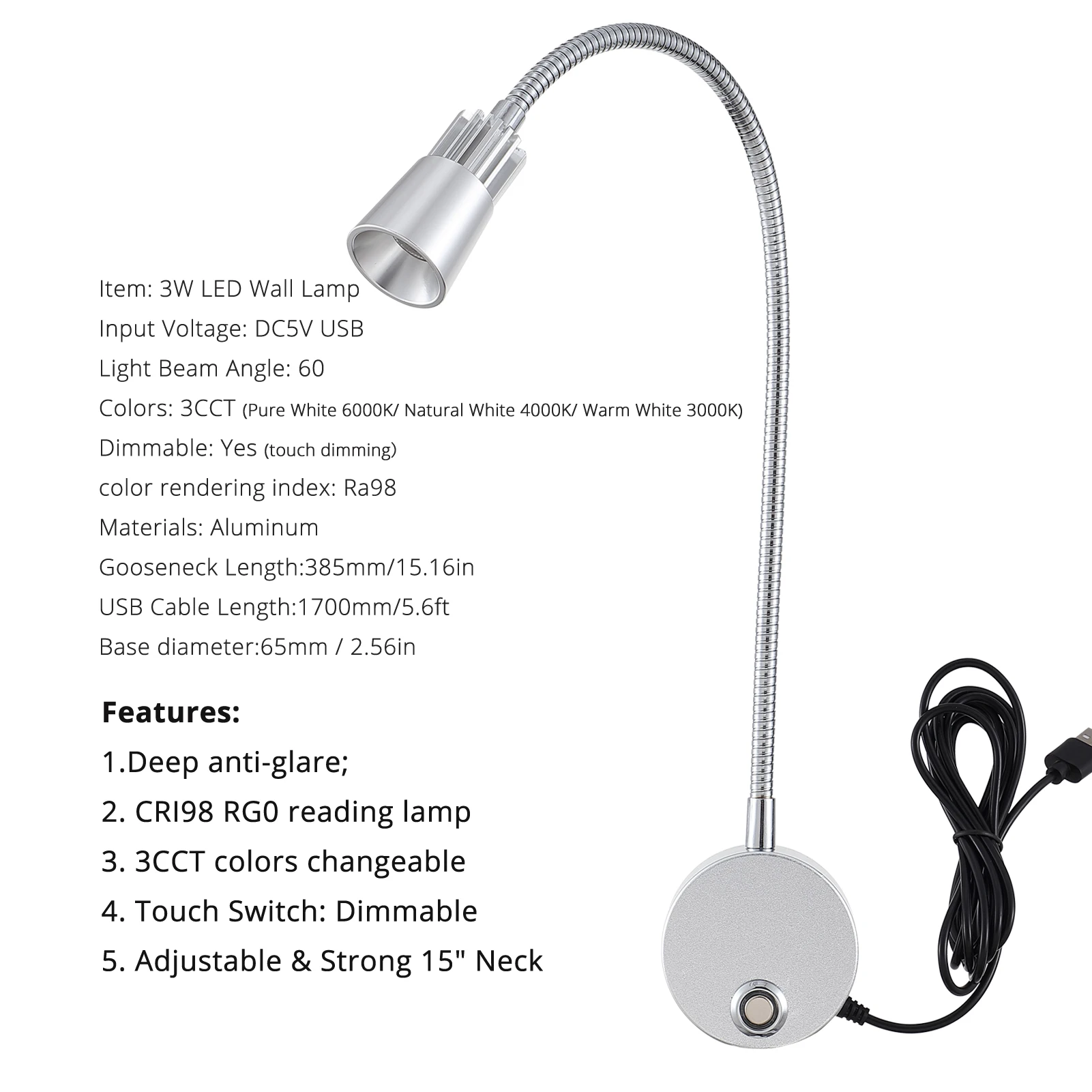Lámpara de pared regulable CRI98 RG0, 5V, USB 3CCT, foco de lectura de cabecera, luz de trabajo, cuello de cisne ajustable de 15"