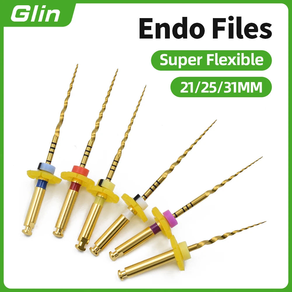 Glin - Paquete de 6 Limas Dentales Flexibles Doradas, Limas Endodónticas Activadas por Calor, Herramientas para Tratamiento de Conductos Radiculares para Dentistas