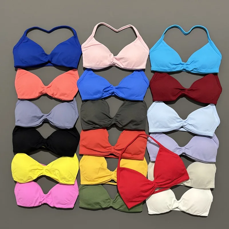 Sujetador deportivo con tiras y espalda descubierta para Yoga, sujetador de gimnasio, Push-up, copas extraíbles, ropa de entrenamiento para mujer, Top de gimnasio, sujetadores deportivos con cuello Halter