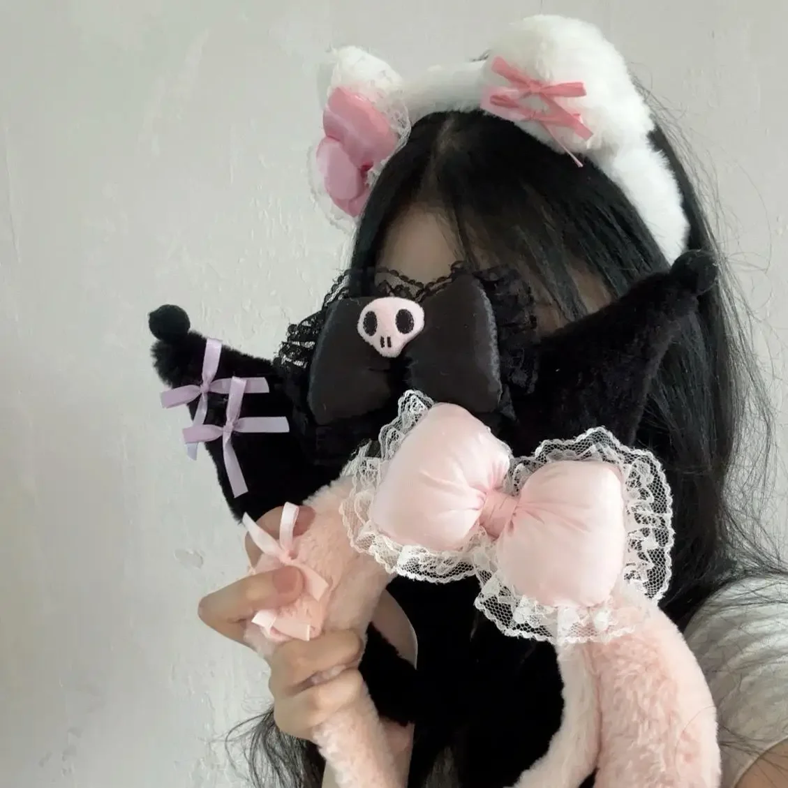Diadema de Peluche de Hello Kitty, Melody y Kuromi, con Lazo Rosa y Negro, para Cosplay, Halloween, Disfraces y Regalos
