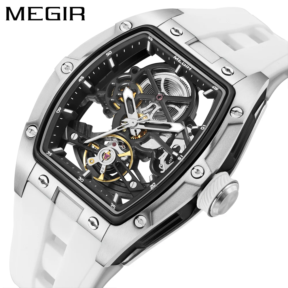 Reloj Mecánico MEGIR Tonneau Skeleton para Hombre, Reloj de Pulsera Deportivo con Correa de Silicona, Esfera Hueca de Lujo, Relojes Mecánicos Automáticos para Hombre