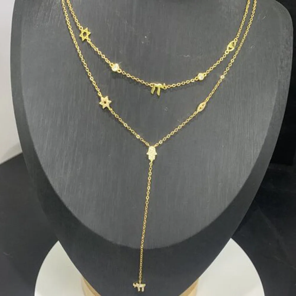 Collar Lariat con Colgante de Mano y Ojo de Estrella de la Suerte con Circonitas, Amuleto Judío, Signo de la Vida, Color Dorado, Joyería para Mujer