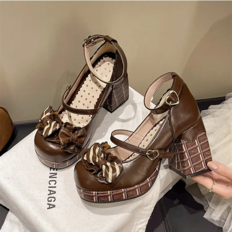 2025 dulce niñas Lolita tacones altos plataforma bombas Bowknots correa de tobillo Janes zapatos para mujeres tacones de primavera otoño
