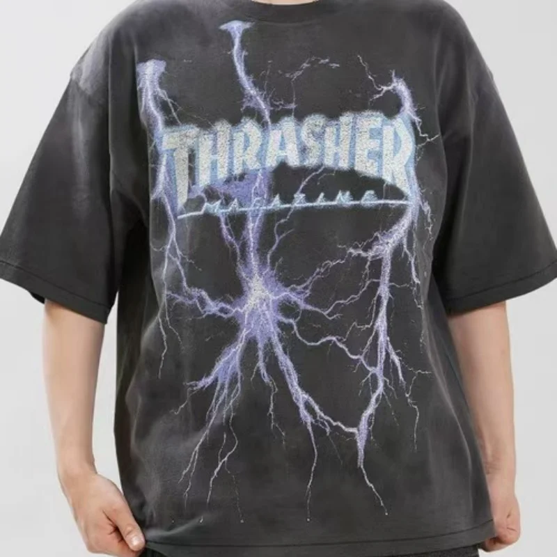 Camiseta Negra Vintage Lavada para Hombre, Talla Grande, con Estampado de Rayo, Estilo Urbano y Skate