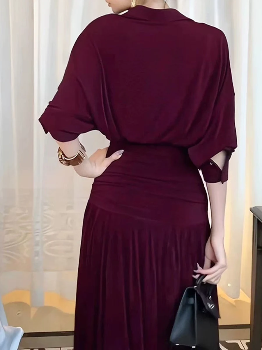 TWOTWINSTYLE, vestidos lisos con pliegues empalmados y sentido del diseño para mujer, Túnica de manga larga con solapa, vestido falso de dos piezas a la moda para mujer