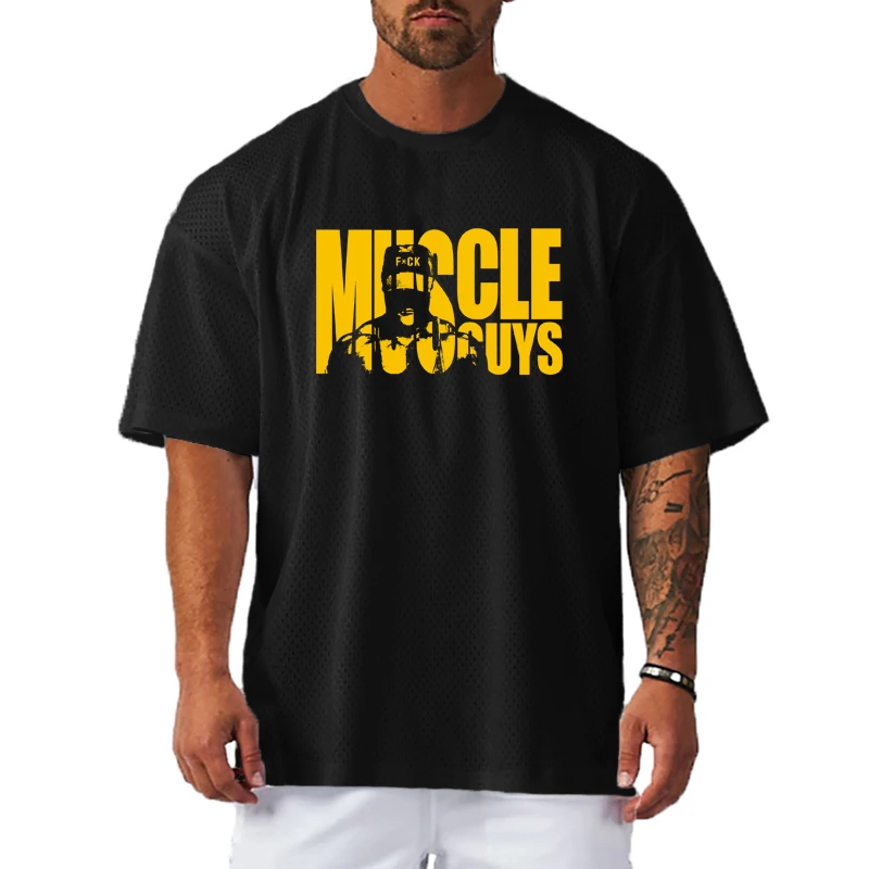 Camiseta de manga corta de malla de poliéster para hombre, ropa informal para gimnasio, Fitness, culturismo muscular, camisas holgadas de gran tamaño de secado rápido para verano