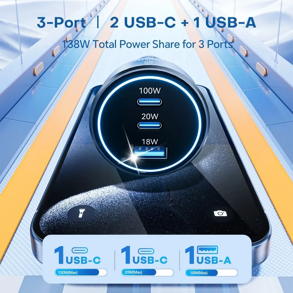Cargador de coche ASOMETECH 138W USB tipo C cargador GaN 100W 65W 45W 20W PPS PD QC3.0 cargador rápido para ordenador portátil iPhone 15 Samsung S23