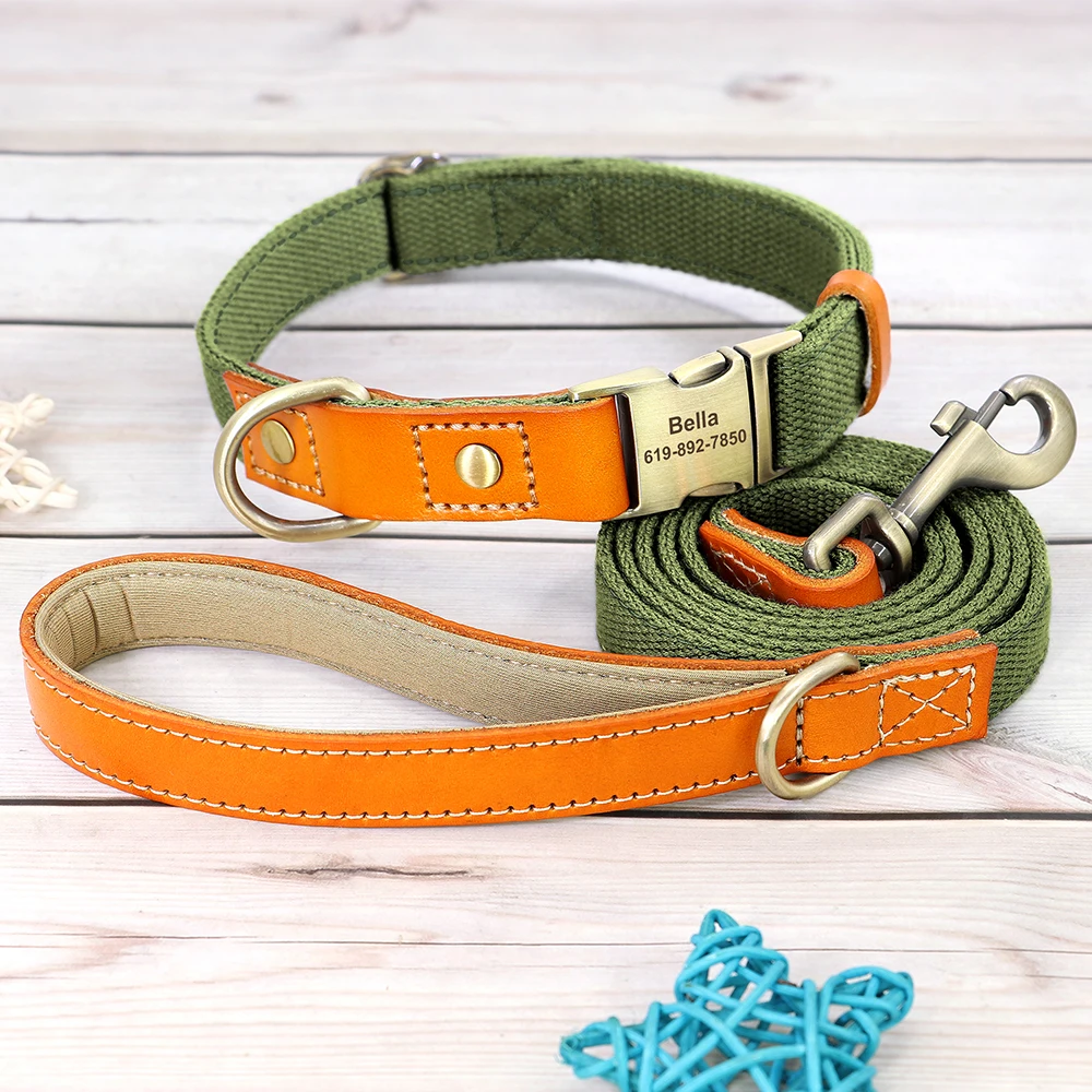 Collar de perro personalizado, conjunto de correa, Collar de cuero de nailon para perros, collares personalizados con etiqueta de identificación para mascotas, cuerda de plomo para caminar de 5 pies para perros y Pug
