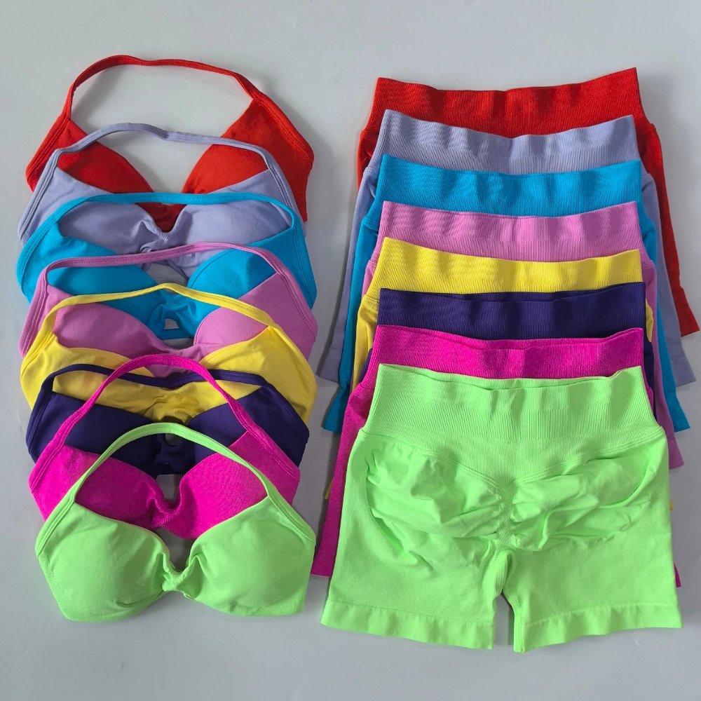 Conjunto de gimnasio sin logotipo para mujer, sujetador de Yoga con tiras, Top de cintura alta, pantalones cortos de entrenamiento, traje deportivo, conjunto de Yoga sin costuras, ropa de Fitness, 2 uds.