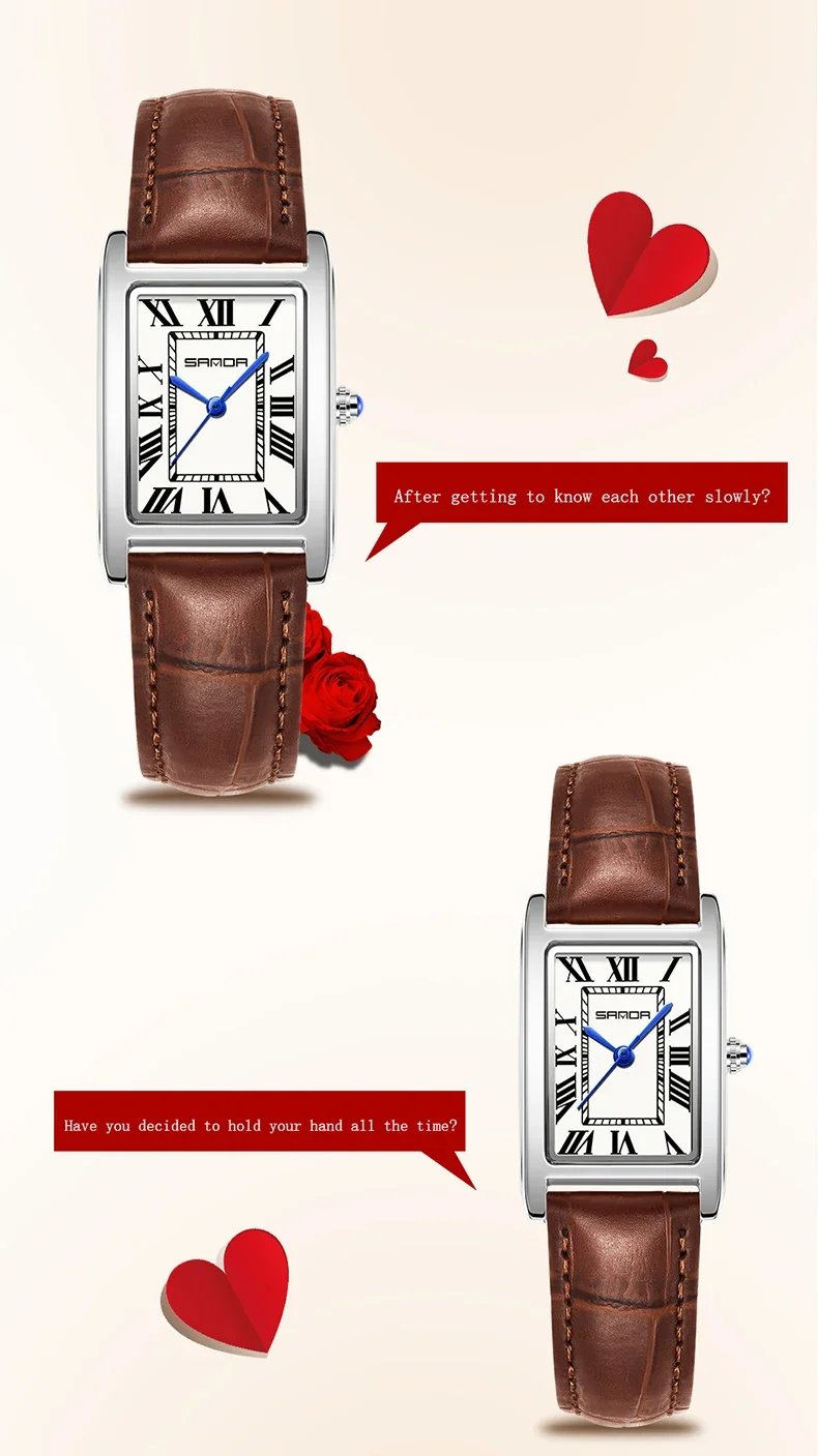 Reloj SANDA de lujo para parejas, correa de cuero resistente al desgaste, esfera cuadrada, resistente al agua, deportivo, informal, relojes de cuarzo para hombres y mujeres