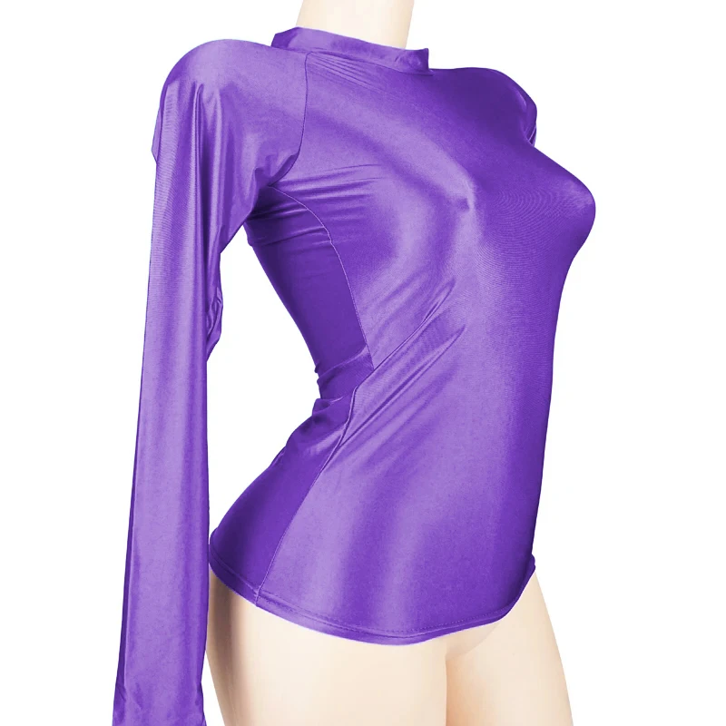 YAULAANG-Body brillante de manga larga para mujer, ropa deportiva brillante, traje de gimnasio con cuello alto, leotardos sexys, camisa de compresión, Top de baño