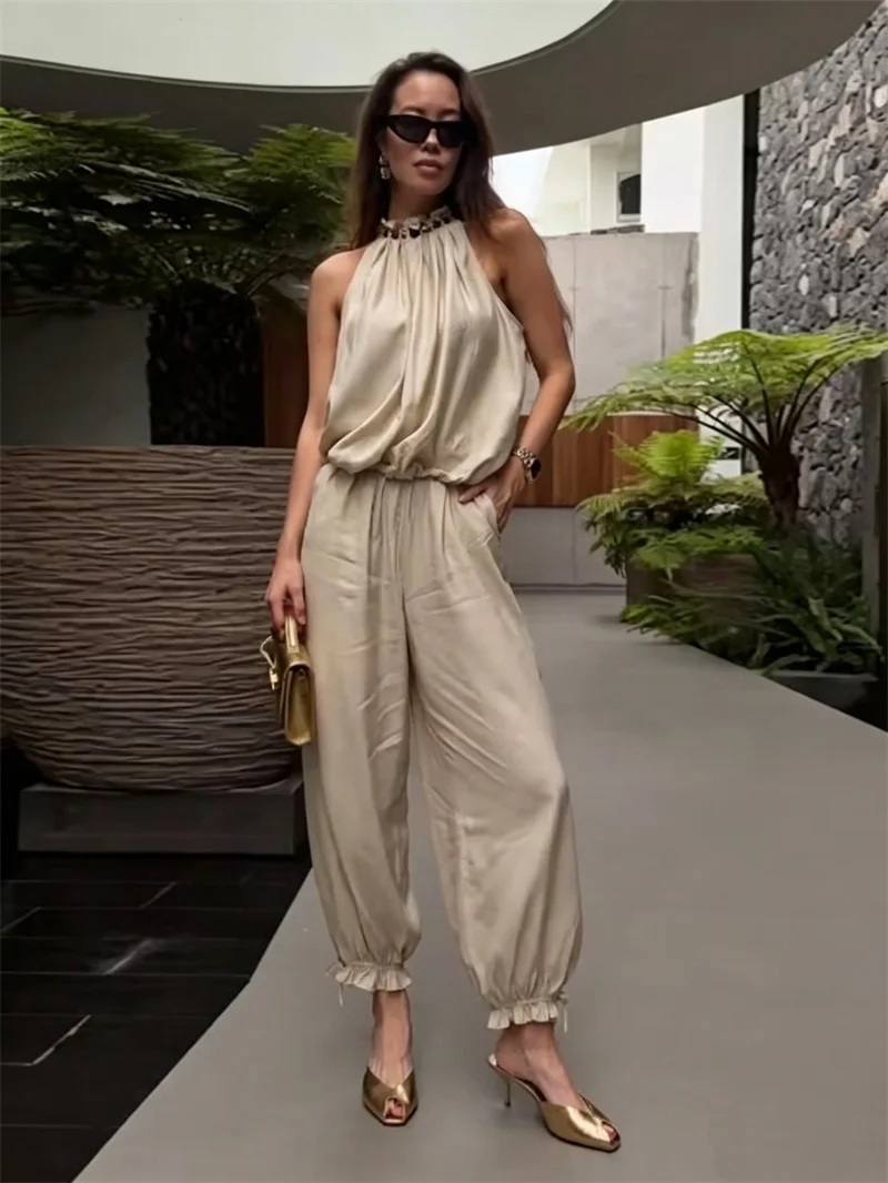 Conjunto de 2 Piezas para Mujer 2026: Top Halter sin Mangas con Cuentas y Pantalones Holgados con Cintura Elástica