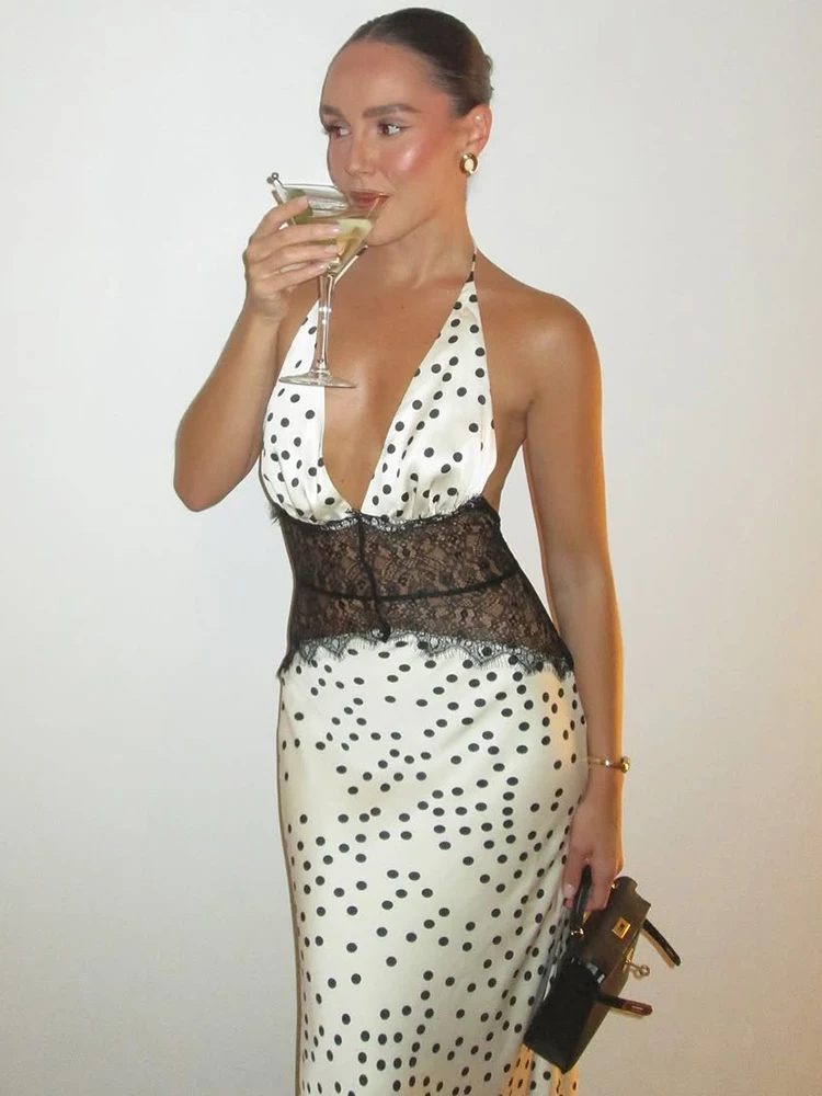 Mozision-Vestido largo Sexy con lunares y espalda descubierta para mujer, vestido elegante de encaje con cuello Halter y escote en V profundo, vestido ajustado sin mangas para discoteca