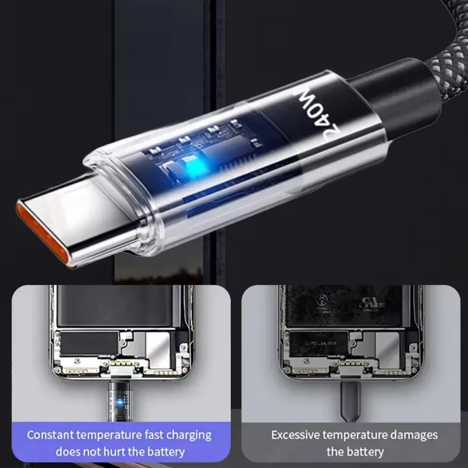Cable de carga súper rápido Dual TypeC de 240W, pantalla Digital LED para Samsung, Xiaomi, USB a tipo C, Cable de datos para cargador de teléfono, 2M/1,5 M