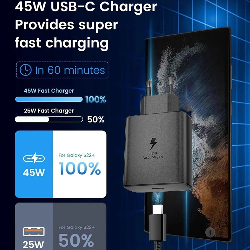Cargador SAMSUNG PD 45W de Carga Súper Rápida, Cargador de Pared Original de 25W, Cable Tipo C de 5A, Galaxy S26 S25 S24 S23 Ultra A54 A53 Note20