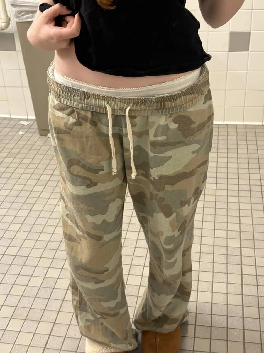Pantalones Deportivos de Camuflaje con Cordón para Mujer, Pantalones Rectos con Cintura Elástica para Verano, Estilo Urbano Americano Vintage, Pantalones Holgados de Algodón Y2k