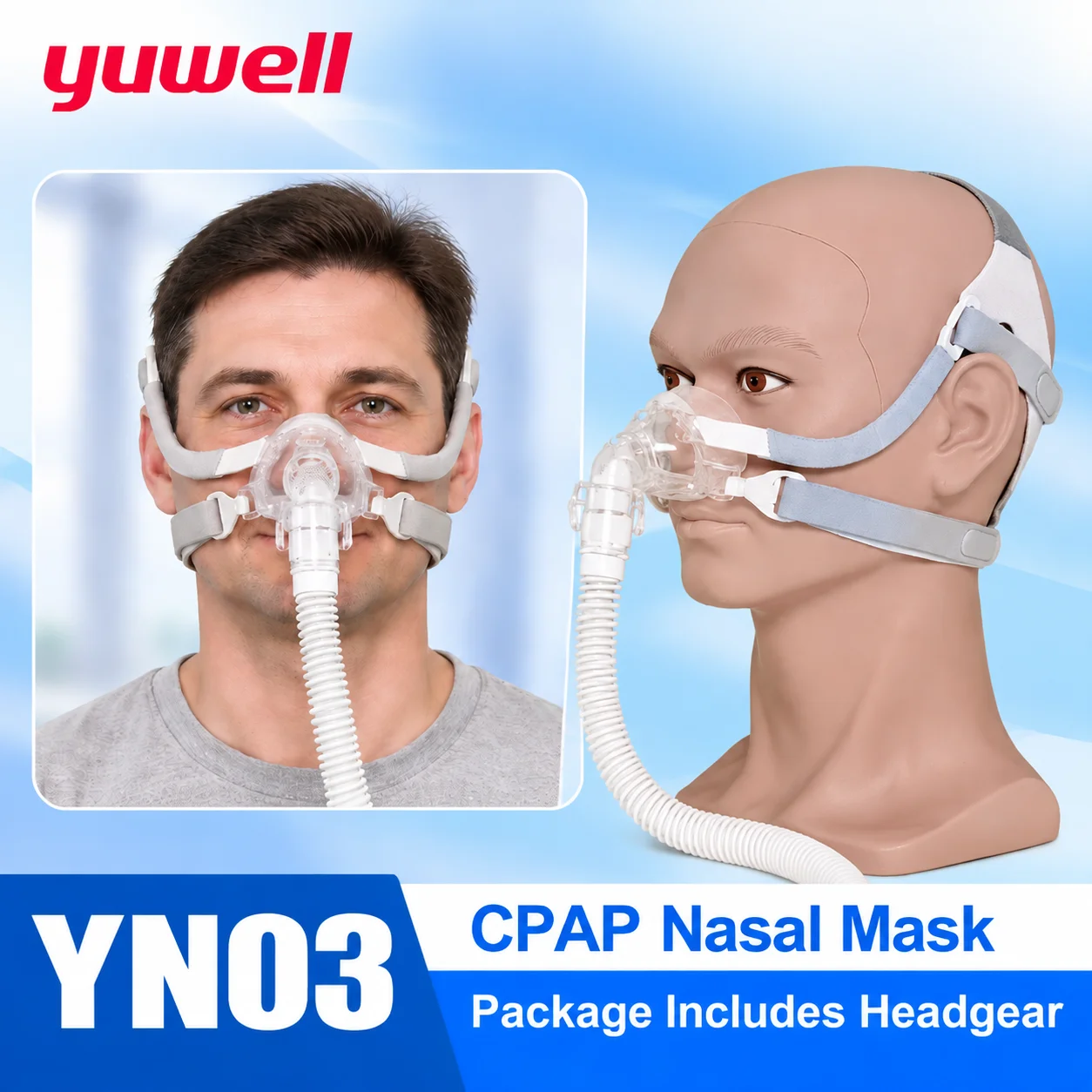 Mascarilla Nasal Yuwell YN03 con Tubo y Arnés, Cojín de Gel de Silicona para Máquina APAP CPAP, Apnea del Sueño, Anti Ronquidos, Amplio Campo de Visión