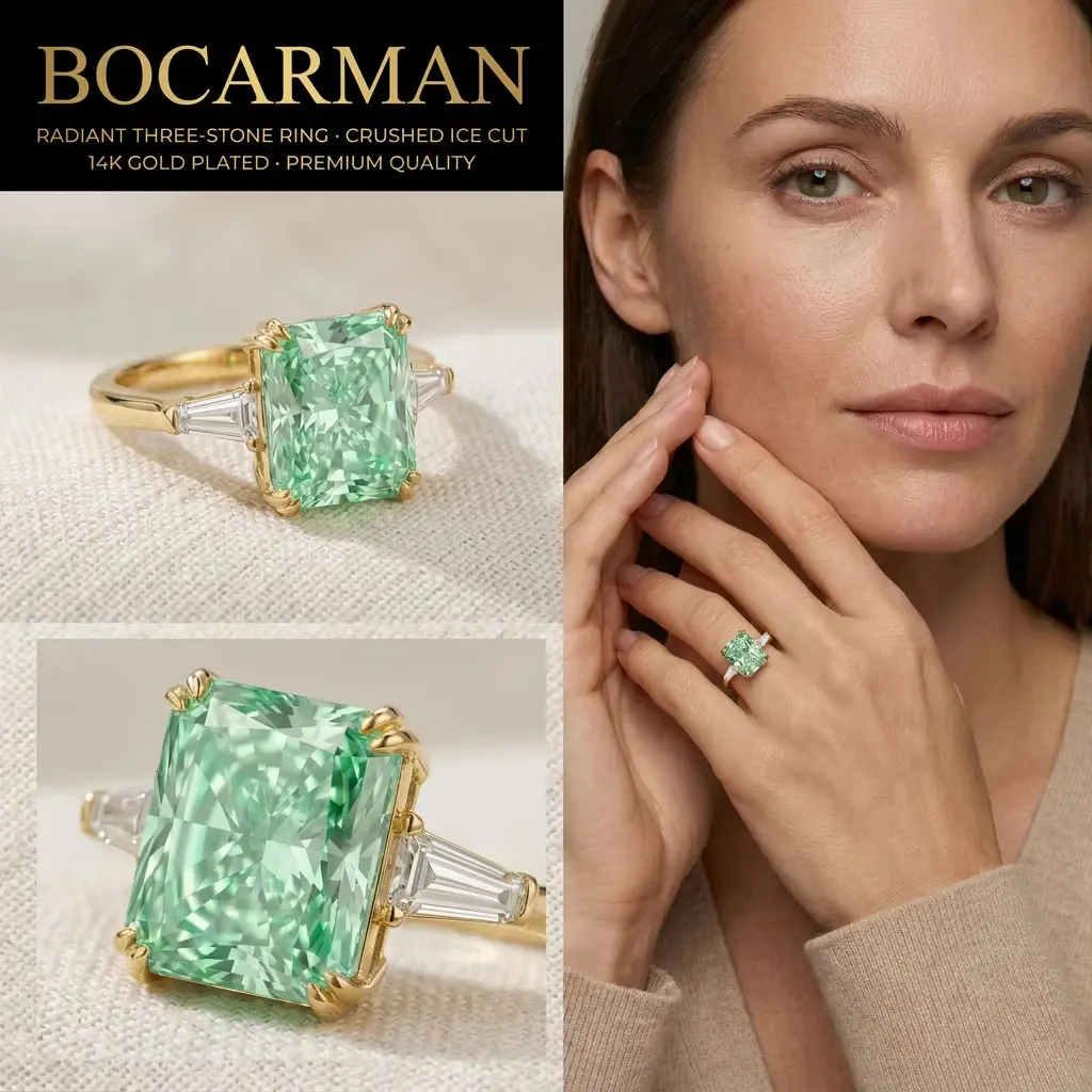Anillo de Boda Bocarman, Plata S925, Rectangular, Verde Menta, Zirconia Corte Hielo, Elegante Regalo de Aniversario para Ella