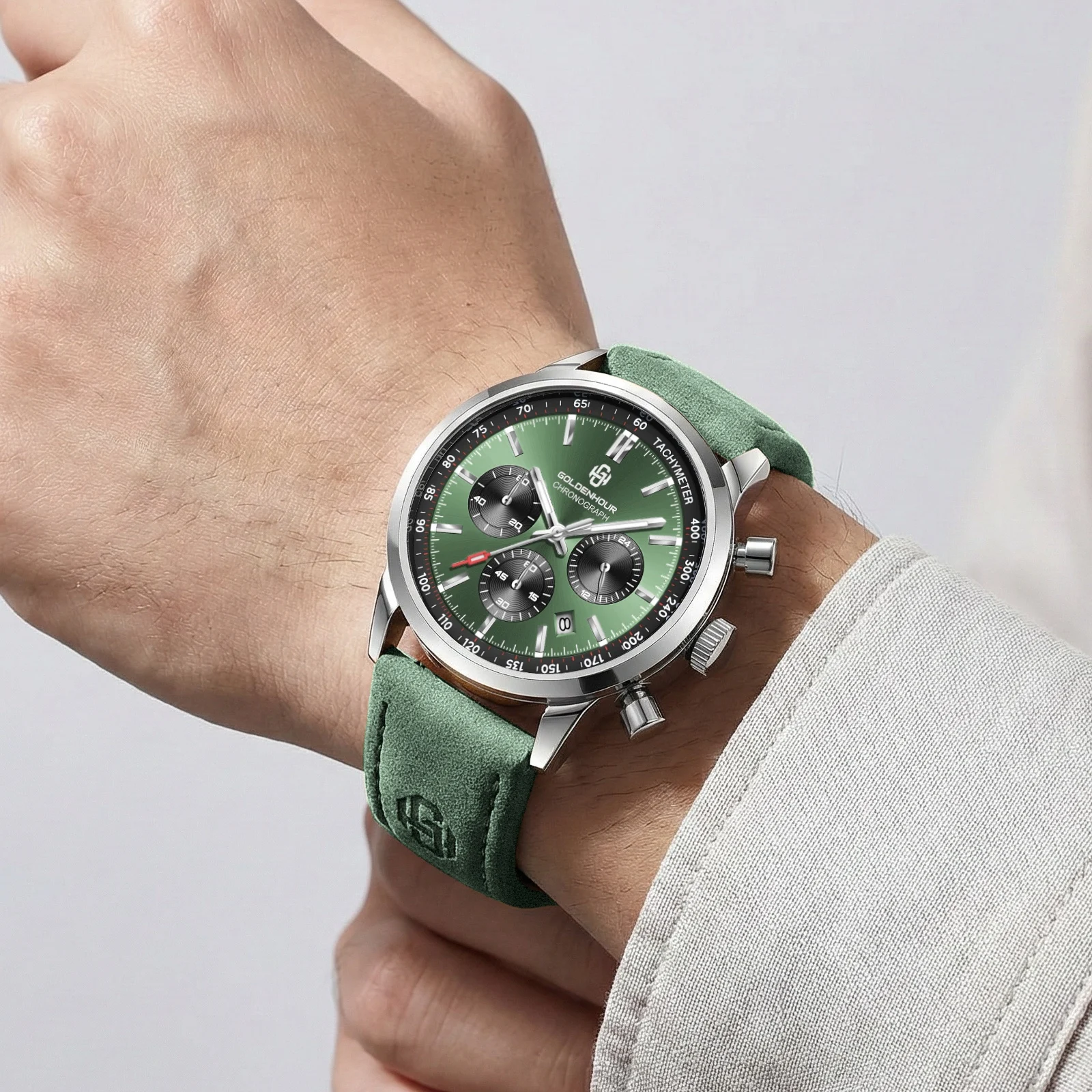 Reloj de lujo para hombre GOLDENHOUR, cronógrafo verde, cuarzo, cuero, resistente al agua, luminoso, reloj de pulsera deportivo militar, reloj Masculino