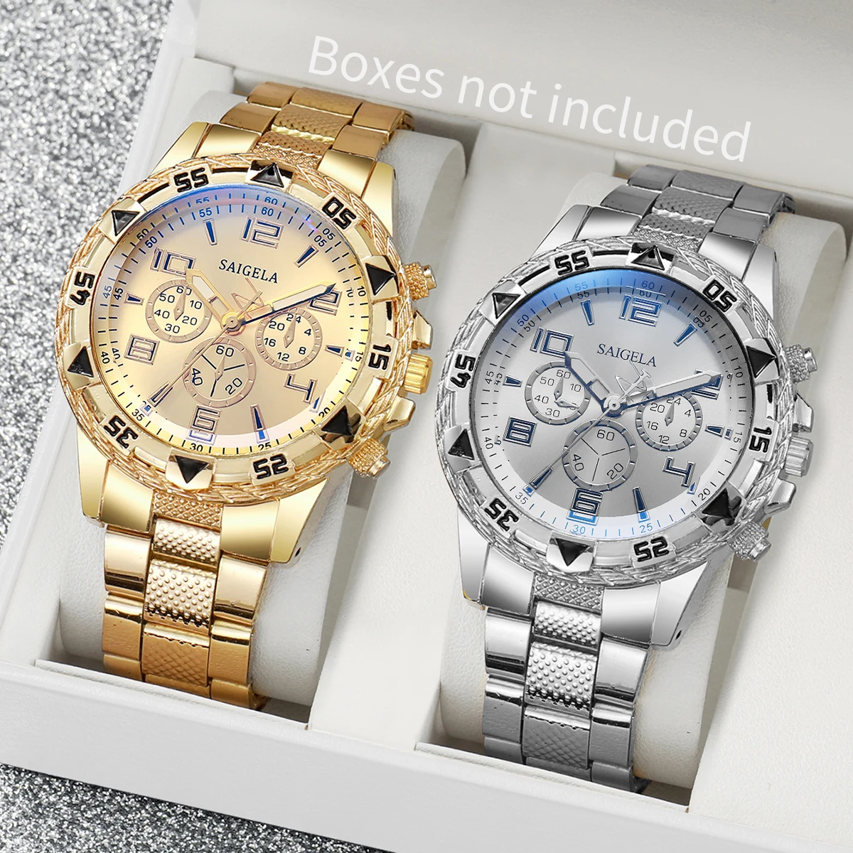 Conjunto de 2 relojes de negocios para hombre, pulsera de acero con esfera árabe, de cuarzo, sin caja