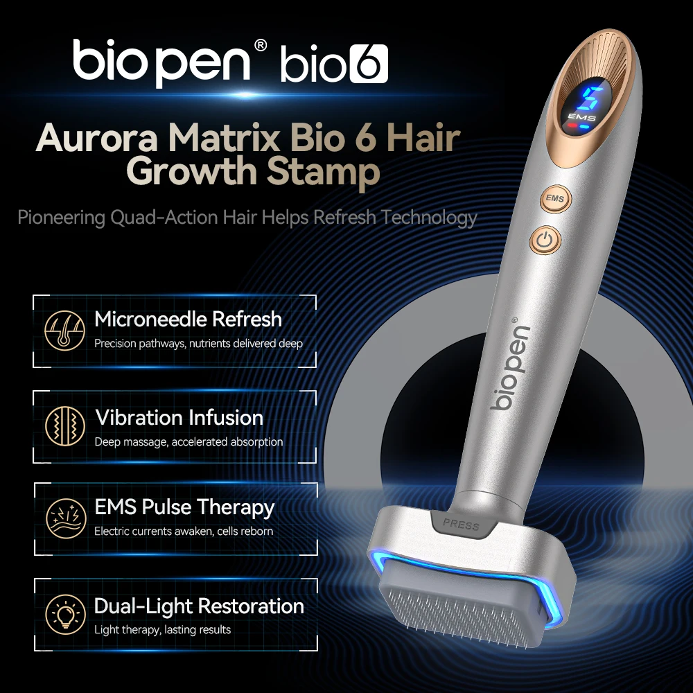 Hello Face Bio Pen: 250mAh, pantalla digital, 2 cabezales rodillos, luz LED roja/azul, 5 niveles EMS, sello de microagujas - Bio6 Negro Oro/Plata