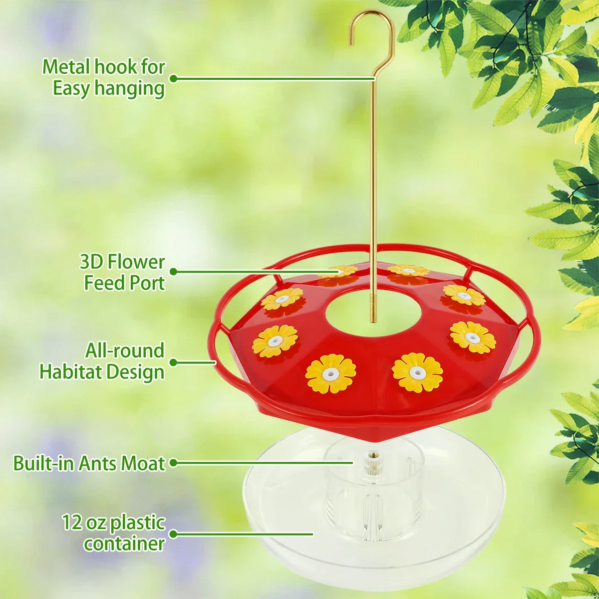 Comedero para colibríes con 8 alimentadores, comedero colgante para pájaros, alimentador para colibrí con forma de flor a prueba de hormigas y abejas para jardín y exteriores