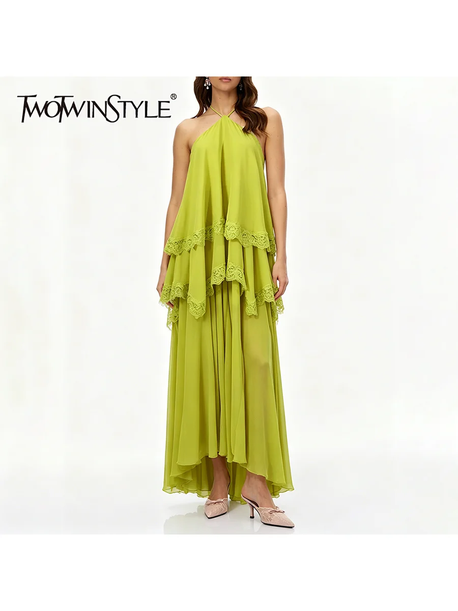 TWOTWINSTYLE Vestido Holgado con Encaje y Parches para Mujer, Cuello Halter, Sin Mangas, con Volantes y Pliegues, Elegante, Nuevo