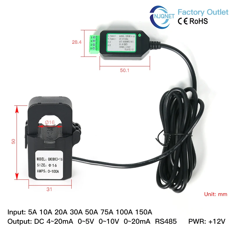 Sensor de Corriente de Núcleo Dividido QNDBK3-16 AC 150A 100A 50A 63A 20A 10A RS485 Transformador de Corriente Tipo Abierto con Pinza Modbus