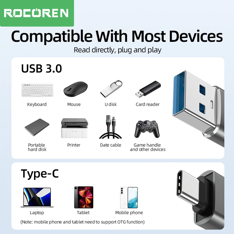 Rocoren USB tipo C OTG adaptador USB C macho a USB 3,0 hembra convertidores de Cable para Macbook Samsung S22 S20 Xiaomi 5Gbps tipo c OTG