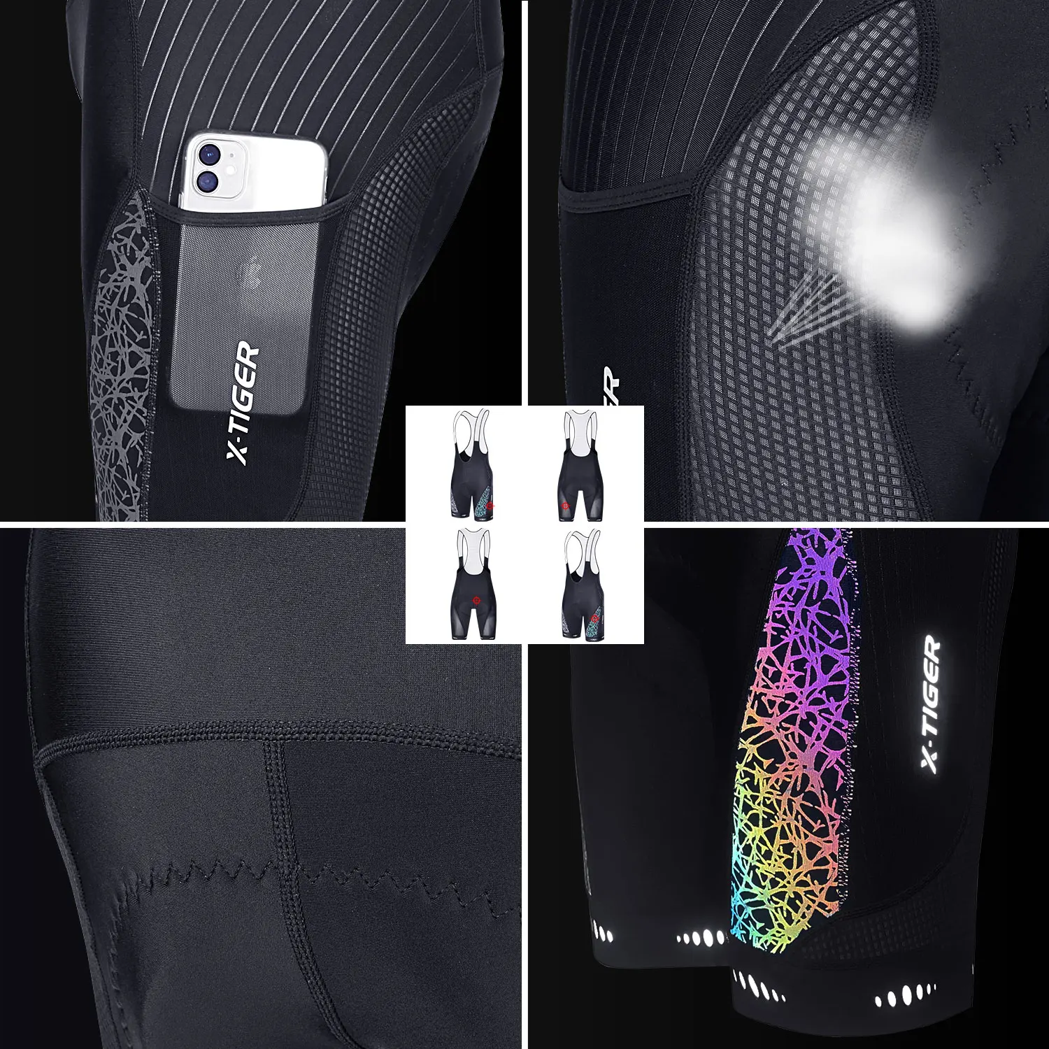 Pantalones cortos con pechera de ciclismo para hombre, pantalones cortos transpirables para bicicleta de montaña, acolchados con esponja, mallas con bolsillos laterales, X-TIGER