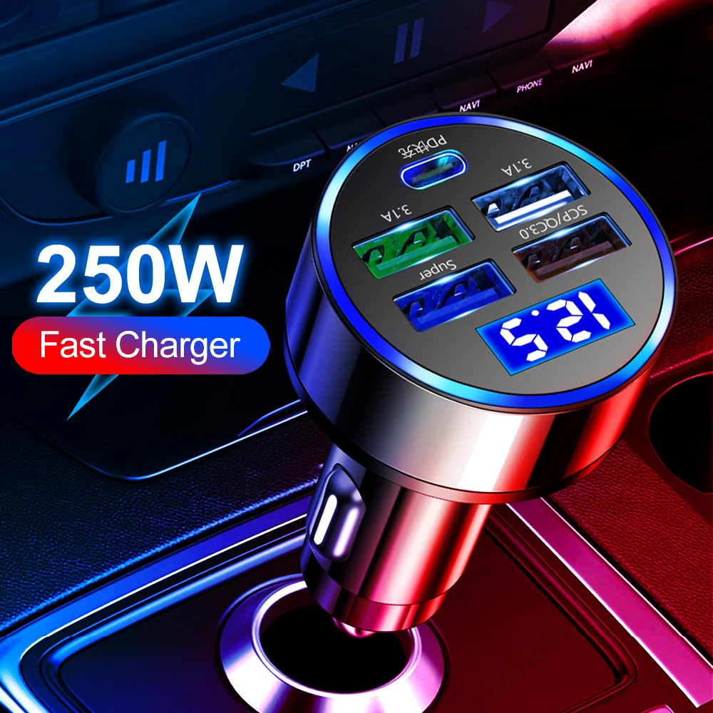 Cargador de coche USB PD de 250W, adaptador de teléfono USB tipo C de carga rápida para iPhone 13 Pro, Xiaomi, Huawei, Samsung, cargador rápido para coche