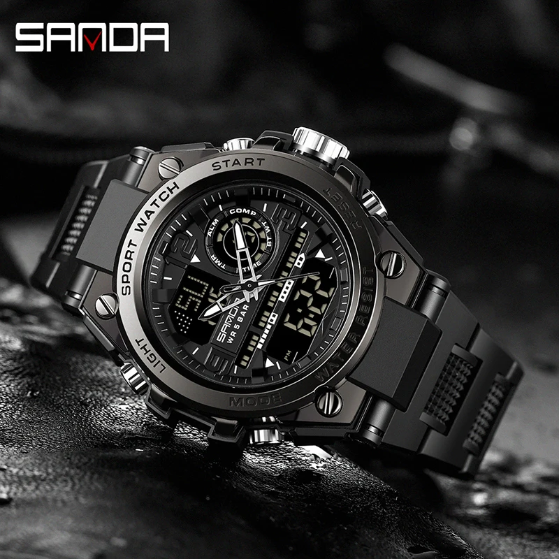 Relojes deportivos de cuarzo SANDA para hombre, relojes de pulsera digitales electrónicos LED con pantalla Dual, reloj militar resistente al agua, relojes masculinos