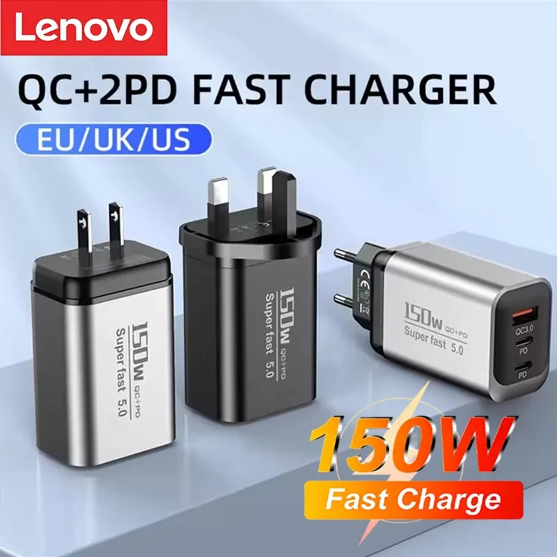 Cargador rápido Lenovo de 150 W, con 3 puertos, tecnología PD y QC3.0, adaptador de pared USB-C, cargador de viaje con múltiples enchufes para iPhone y Samsung (UE/EE. UU./Reino Unido).